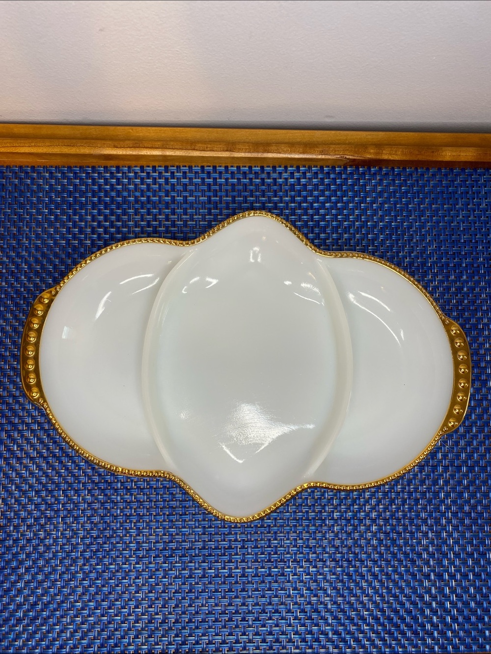 Vintage Fire King Oven Ware milk glass relish dish, gold trim